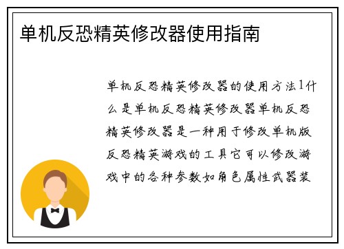 单机反恐精英修改器使用指南